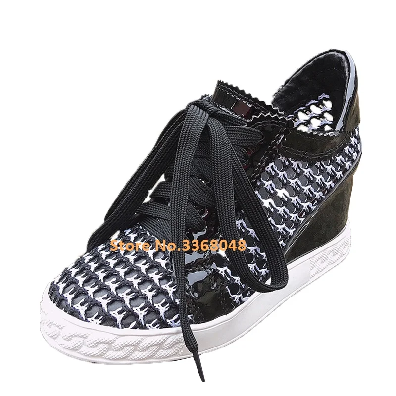 

Wedges Height Increase Hollow Summer Shoes Lace Up Cool Black Breathable Casual Shoes Heel 8 cm Multi-Hole Shoes