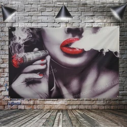 Red Mouth Smoking Flag Banner Sexy Lady Beauty And Art Home Decoration Hanging Flag 4 Gromments In Corners 3*5FT 144cm*96cm