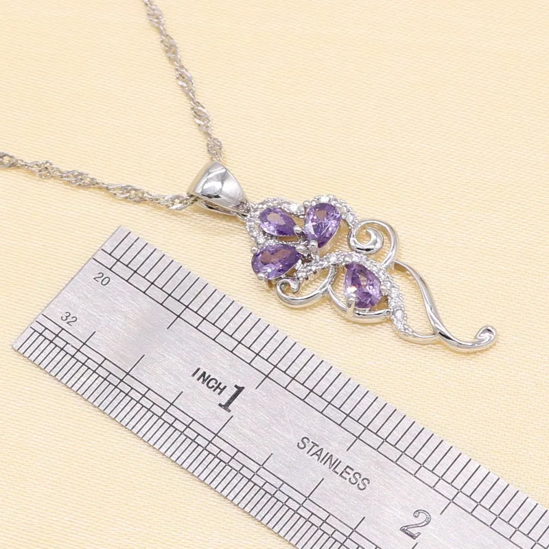 Sterling Silver Women Dubai Jewelry Sets Purple Cubic Zirconia Bracelet Geometric Earrings/Pendant/Necklace/Ring Free Gift