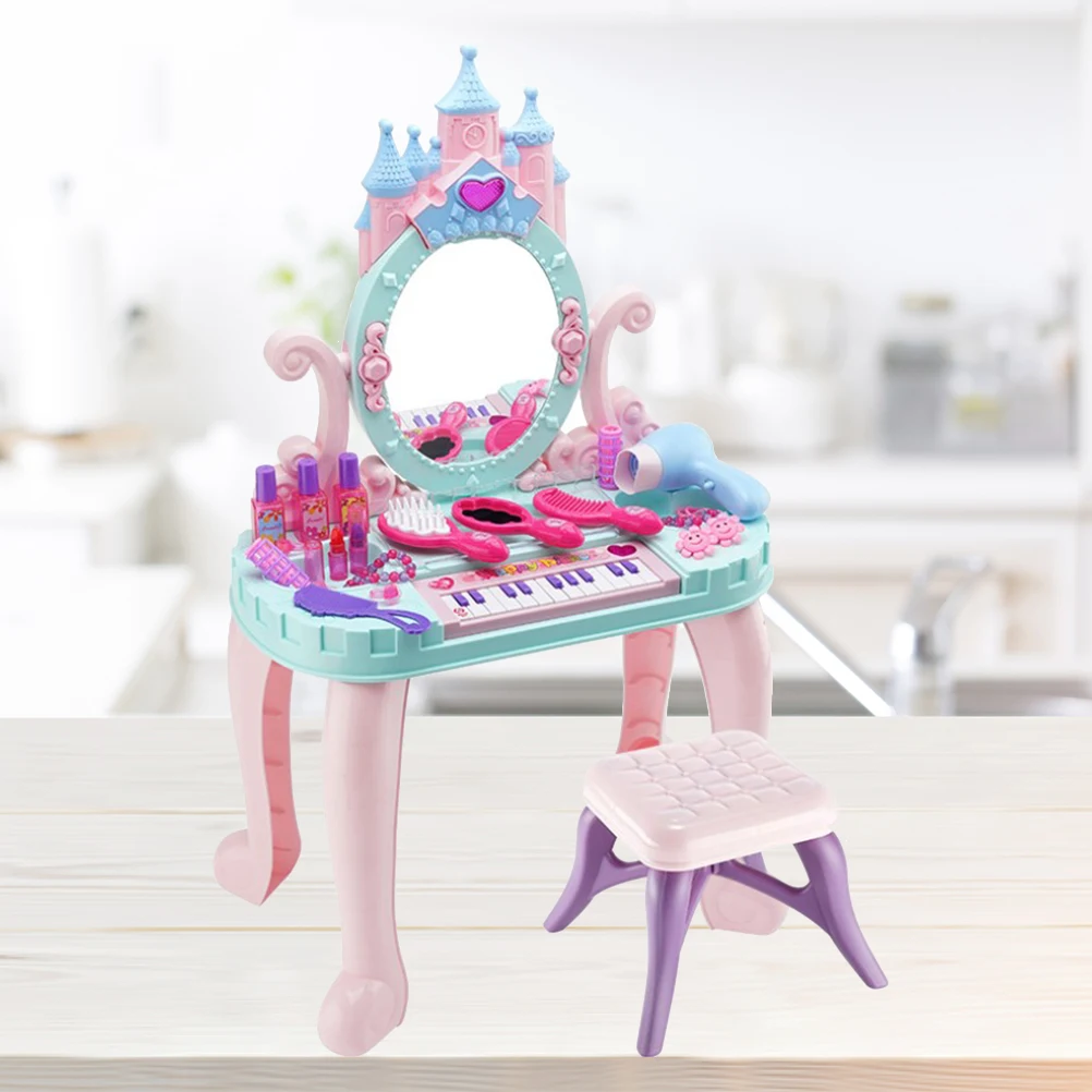 Juego de juguetes creativos para niñas, set de maquillaje de belleza con silla de juguete, tocador colorido de princesa, juego de rol, 1 set