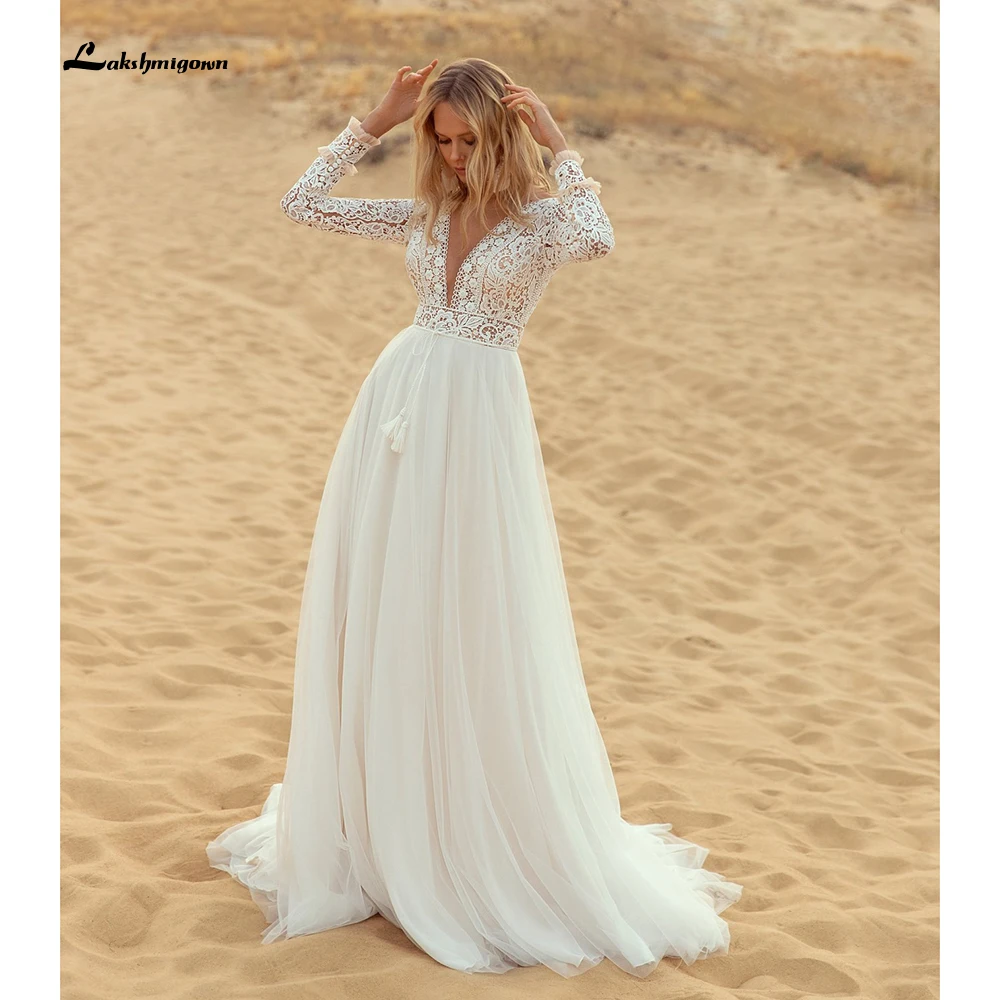 Trajes de novia largos de encaje, tul con escote en V profundo, Espalda descubierta, manga larga, estilo bohemio, para boda y playa