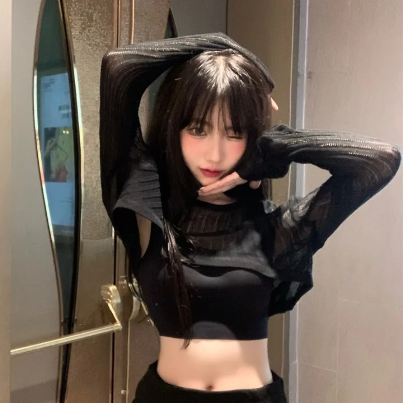 Summer Women See-through Long-sleeved Sunscreen Tshirt Long Sleeve Streetwear Autumn Tee Tops Black Sweaters