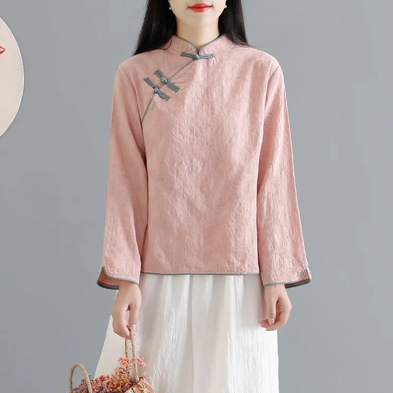 Traditional Chinese Clothing Cotton Linen Shirt Blouse Vintage Lady Solid Tops Oriental Hanfu Chinese Style Clothing Women 11101