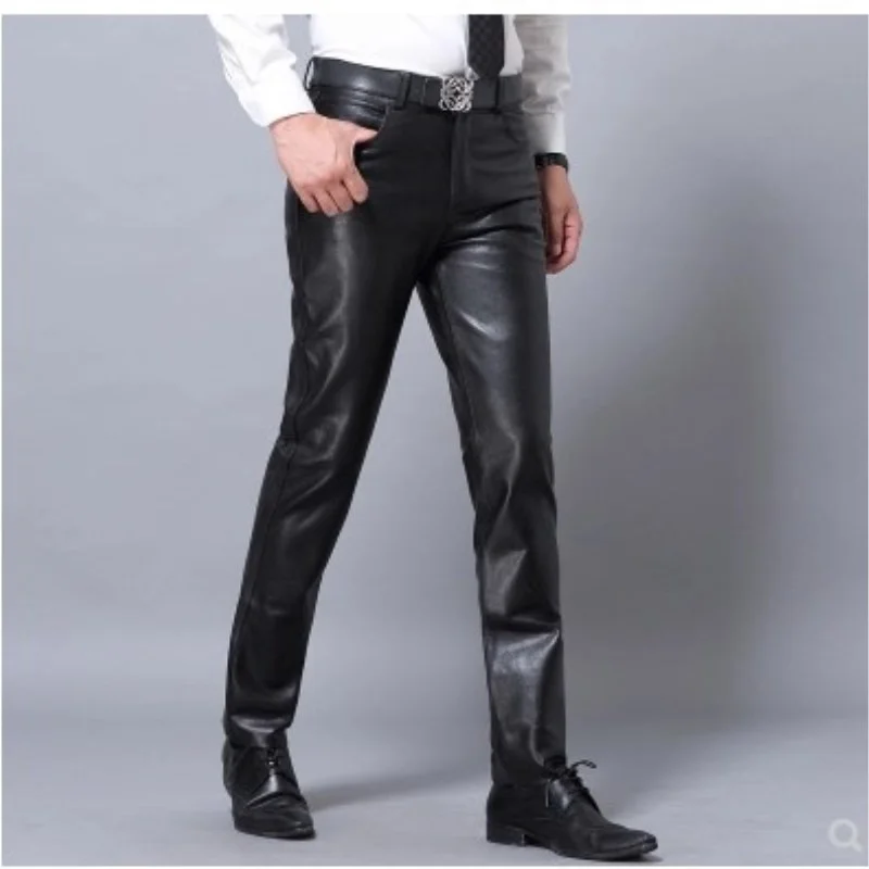 

Genuine Leather Pants Men Black Vintage Pencil Pants Natural Real Sheepskin Leather Fashion Motorcycle Male Trousers Oversized