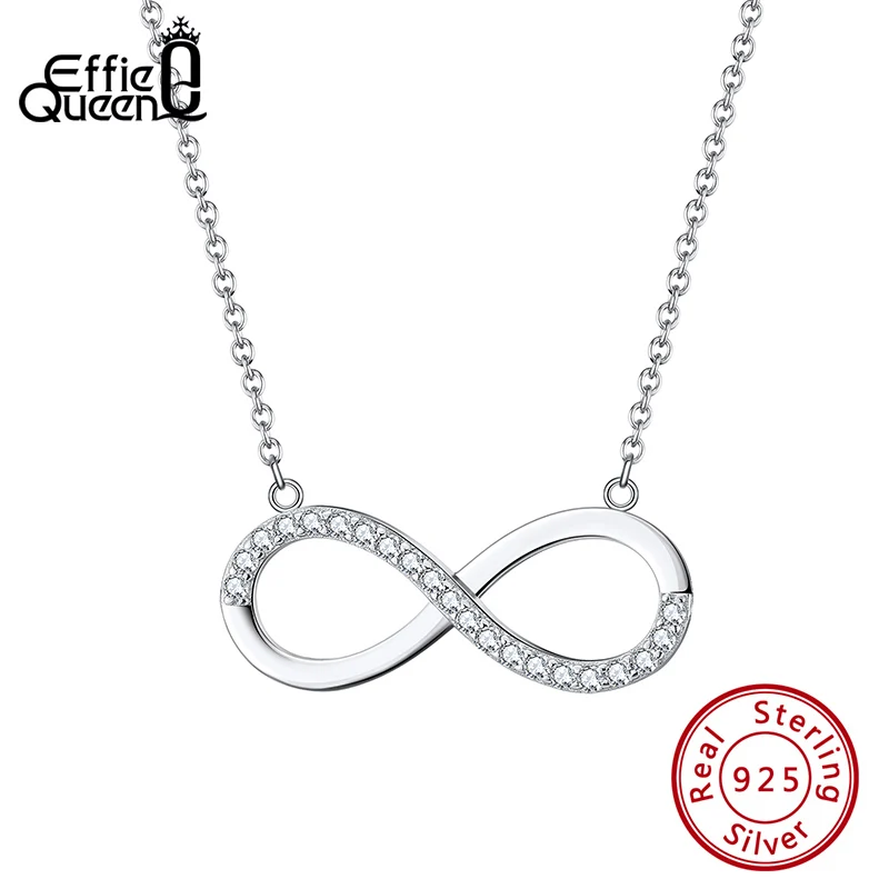 Effie Queen Real 925 Silver Dainty Infinity Love Sign Pendant Women Necklace Charm AAAA Zircon Women Necklaces Jewelry DSN192