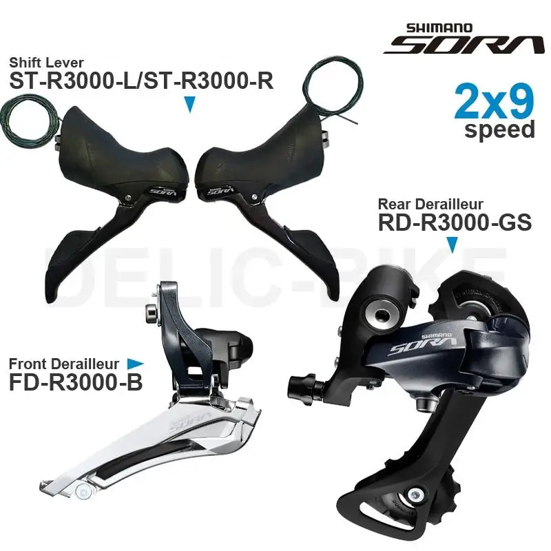 

SHIMANO SORA R3000 2x9 Speed Groupset with Shifter - Brazed-On Mount Front Rear Derailleur -Medium / Short Cage- Road Original