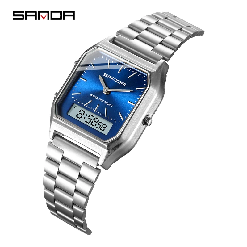 Fashion Sanda Brand Men Watches Retro Stainless Steel Band Digital Display Erkek Kol Saati Zegarek Damski Relogios Wristwatches