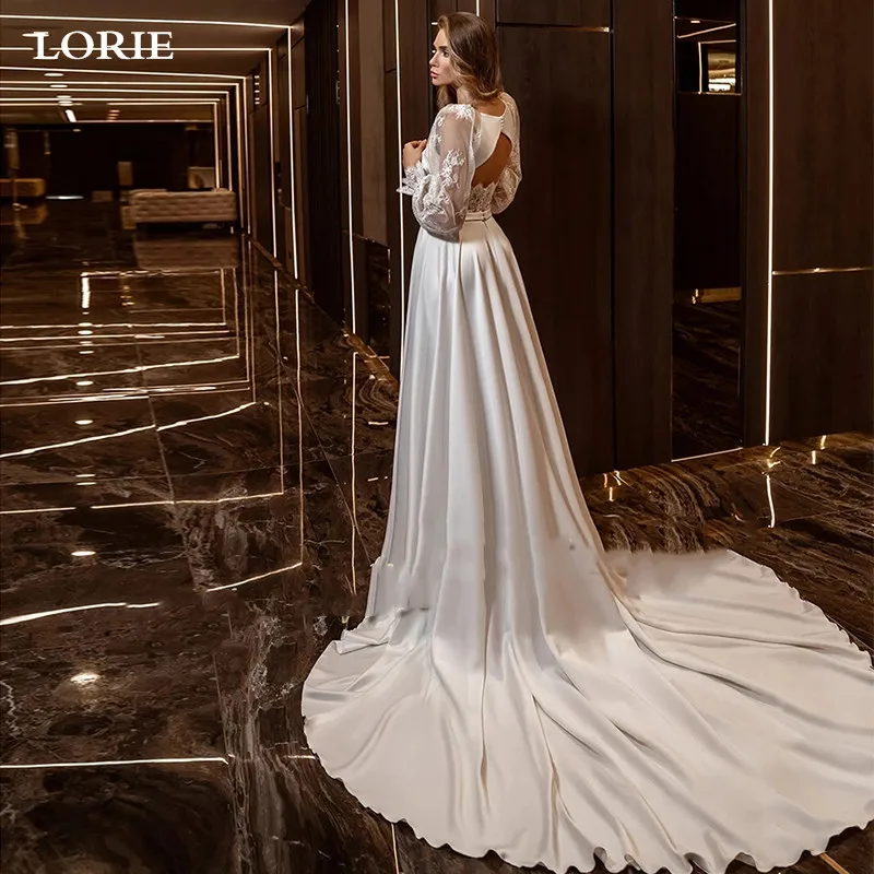 LORIE Satin A Line Wedding Dressp Puff Sleeve Floral Appliqued Lace Modern Bridal Dresses Open Back Long Robe de mariage 2021