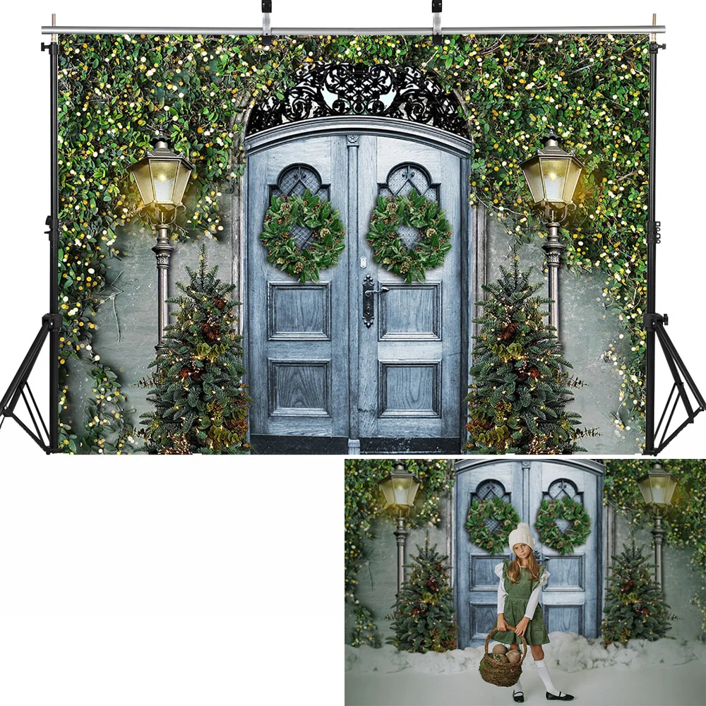 Retro Rustic kayu dooe Christams latar belakang foto Studio hijau karangan bunga salju musim dingin anak dewasa latar belakang fotografi ulang tahun