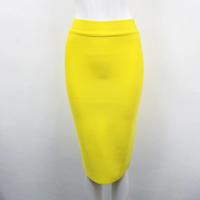 Top Quality ladies skirt  Knee Length black yellow green rayon Bandage Pencil Women Fashion Formal Skirt free shipping