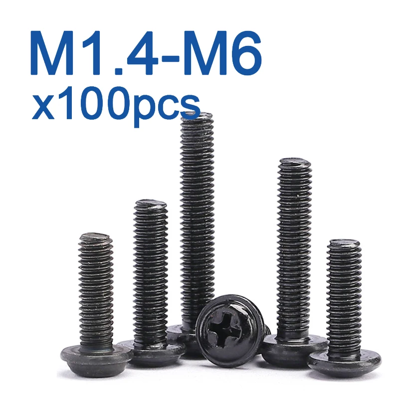 100pcs/lot PWM Black Pan Head Screws  with Washer M1.4 M2 M2.5 M3 M 3.5 M4 M5 M6 Fixed Motherboard Screws With Pad DIN967