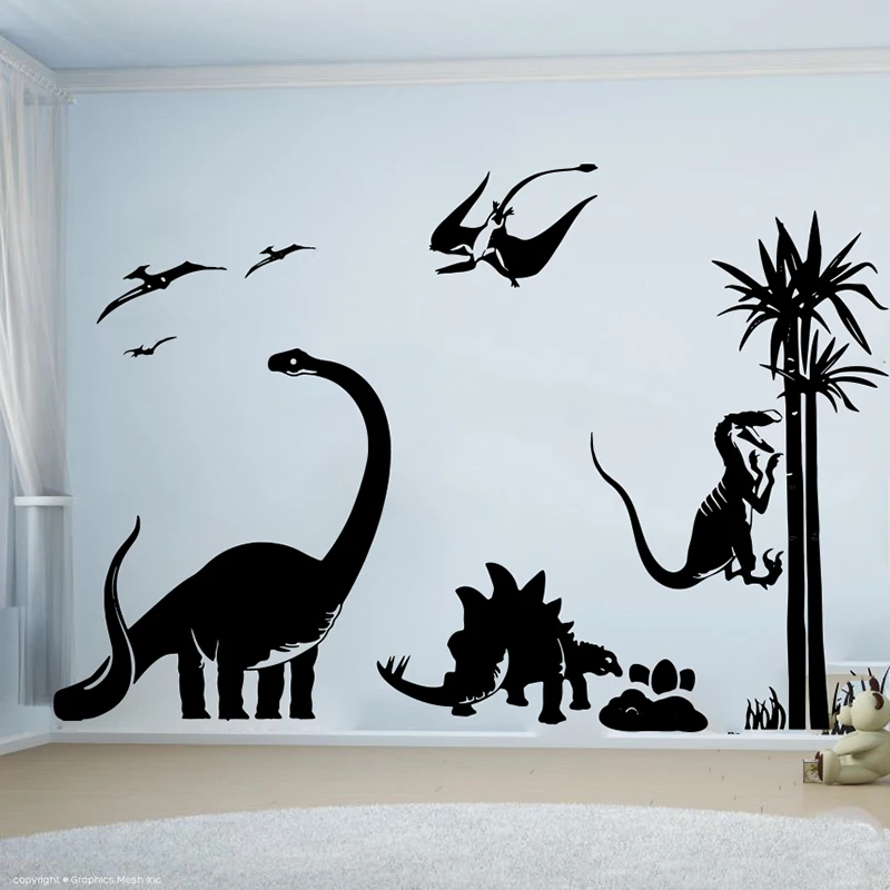 Cartoon Dinosaur Adventure Tree Animal Wall Sticker Kids Room Nursery  Dinosaur World Wall Decal Bedroom Vinyl Home