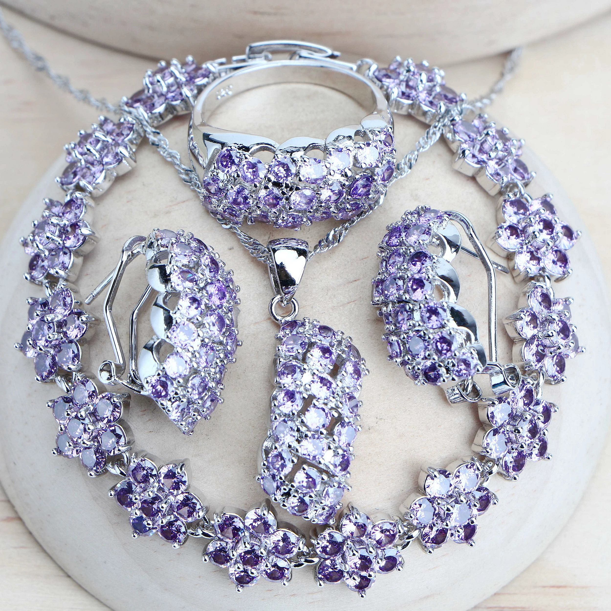 Silver 925 Women Bridal Jewelry Sets Purple Zirconia Fine Costume Jewellery Wedding Earrings Rings Pendant Bracelets Necklace