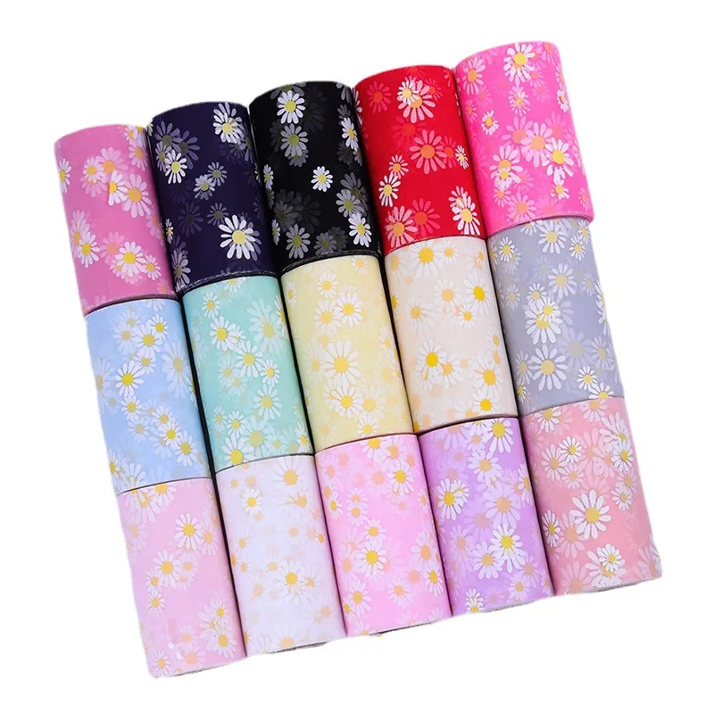 25Yards 6cm Small Daisy Printed Mesh Roll Tulle Ribbon Fabric DIY Craft Wedding Home Birthday Decoration Bow Materia