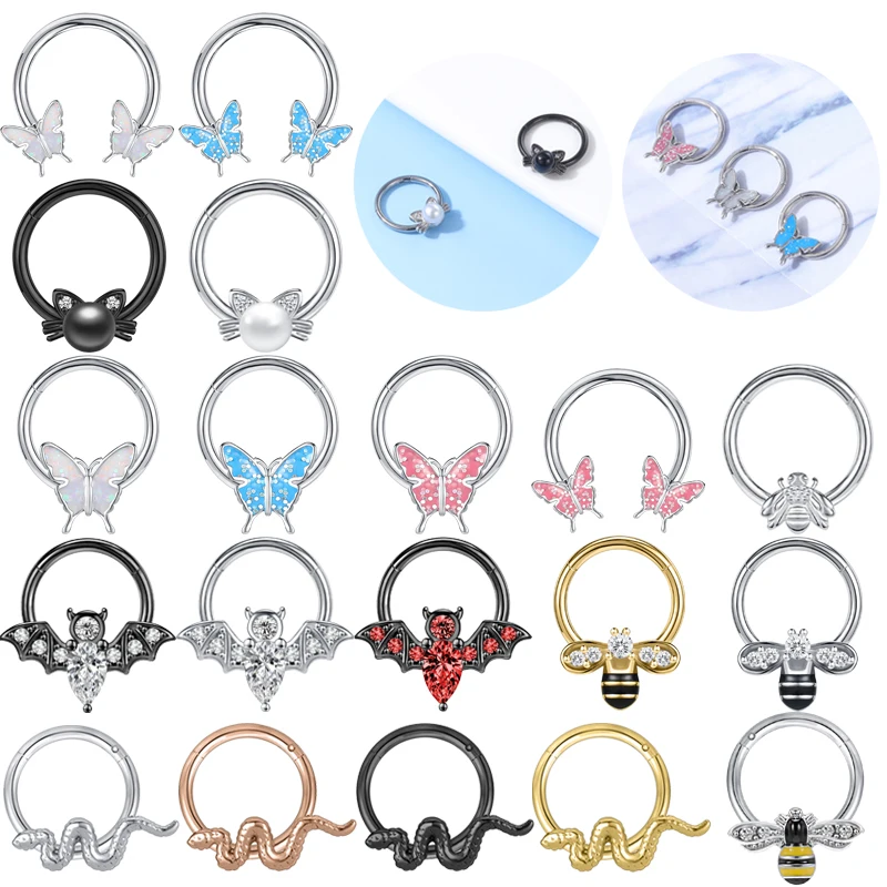 ZS 16G Butterfly Nose Ring Pearl Cat Septum Ring Bee Bat Septum Piercing Blue Butterfly Helix Earring Stainless Steel Nose Ring