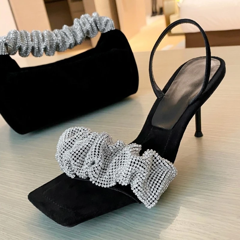 

Crystal Stiletto Sandals Slingback Black Suede Square Toe Pleated Crystal Decor Hot Sale Dress Summer Women Shoes Thin Heel