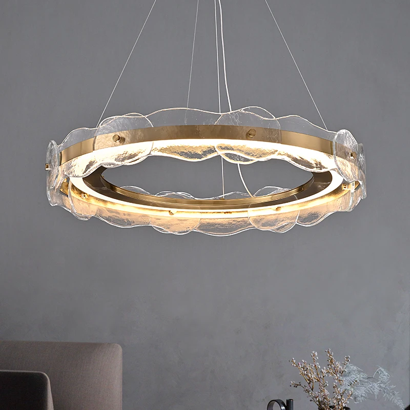 Deyidn Copper Ceiling Pendant Lamp Round Chandelier Water Corrugated Glass Villa Anti-rust Indoor Light For Living Dining Room