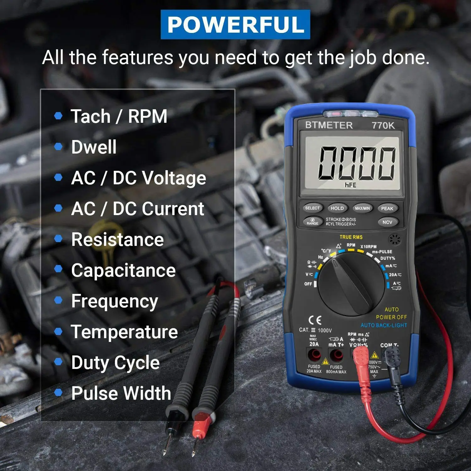 770K Automotive AC/DC Dwell Multimeter With Temperature Resistance Handsel RPM Indudctive Pick-up or AC/DC Current Clamp Adapter