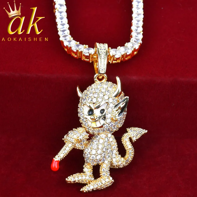 Evil Demon Pendant Hold Knife Iced-out Necklace for Women Gold Color Jewelry