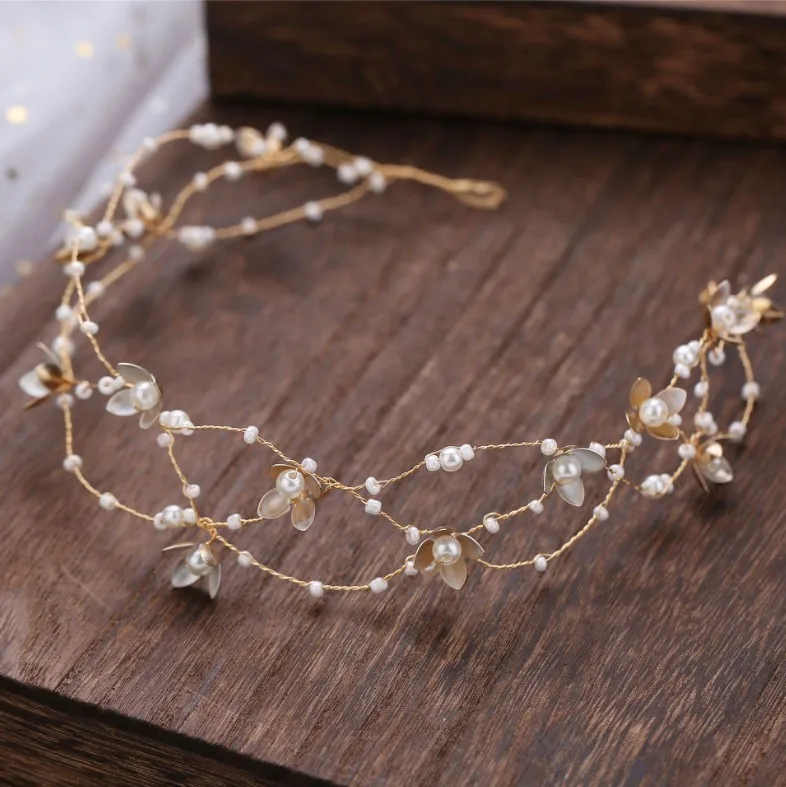 Vintage Braut Handgemachte Gold Perle Stirnband Blume Kopfschmuck Braut Mädchen Tiara Hochzeit Haar Zubehör Frauen Haar Schmuck