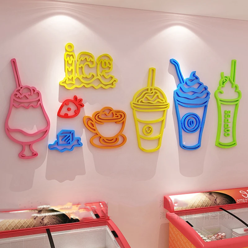 Ice Cream Milk Tea Shop Decoration Sticker Simple Color Dessert Shop Front Desk Pasteable Glass Door Decals 3D Wall Stickers