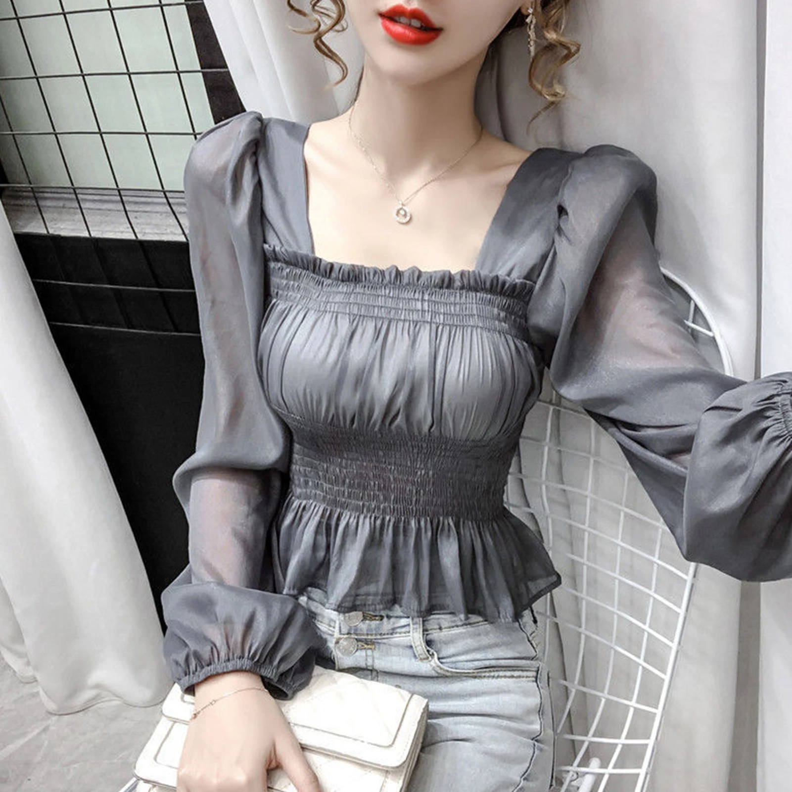 Sexy Women Long Puff Sleeve Square Neck Waist Tight Chiffon Thin Blouse Top