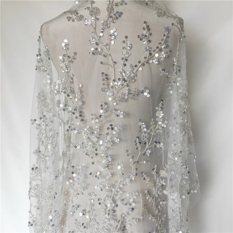 Silver Beaded Sequin Lace Fabric, Wedding Evening Dress, Bridal Dress, Shiny Branches, Sewing Accessories, RS2975