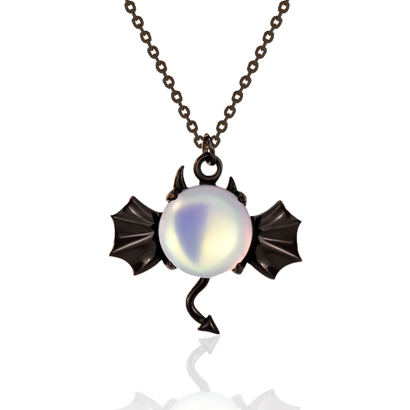 S925 Sterling Silver Demon Necklace Women's Dark Bat Moonstone Pendant Halloween Jewelry