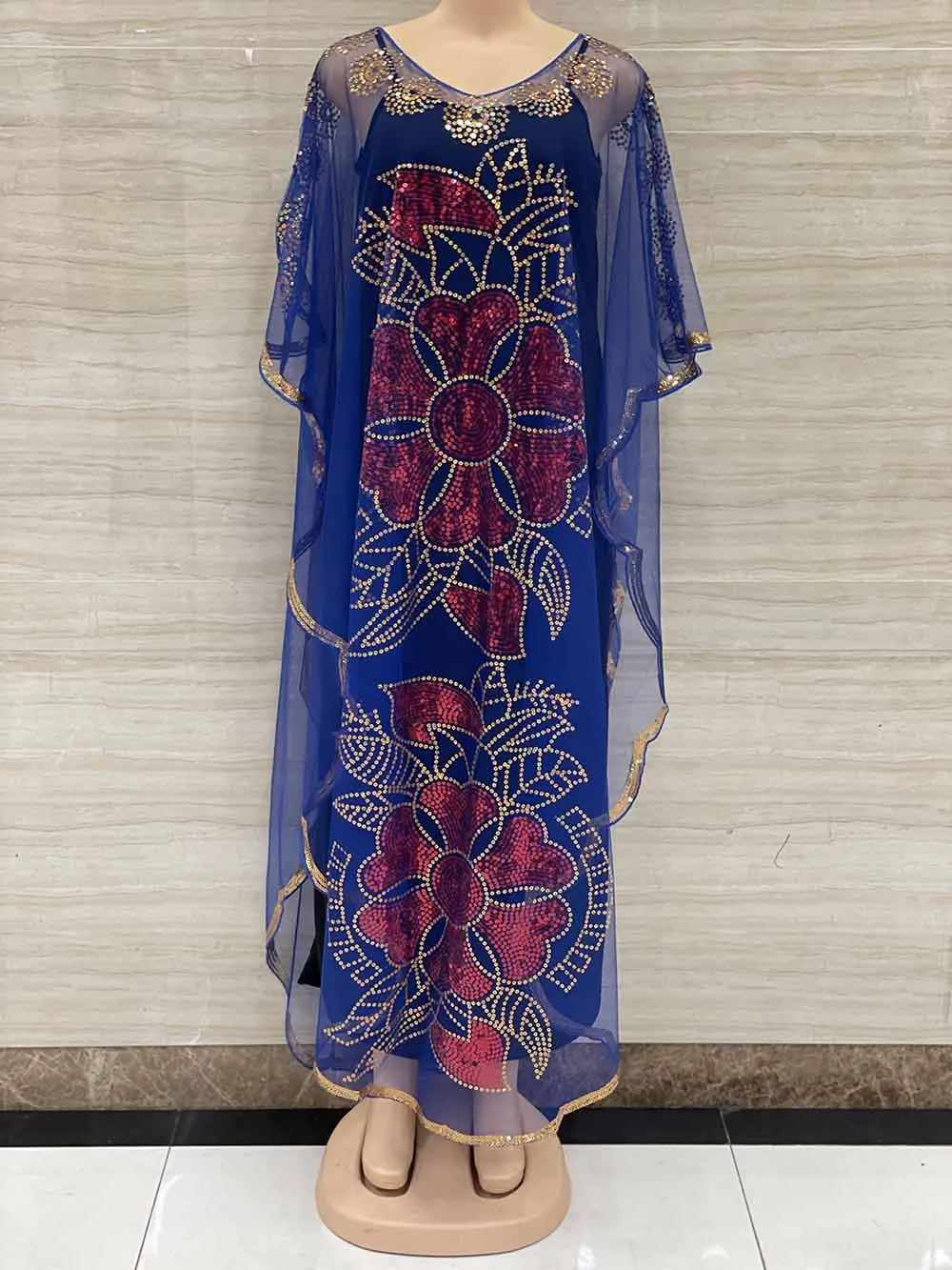New Style African Women\'s Clothing Dashiki Abaya Fashion Gauze Fabric Sequins Bat Sleeve Loose Dress Free Size Single Piece