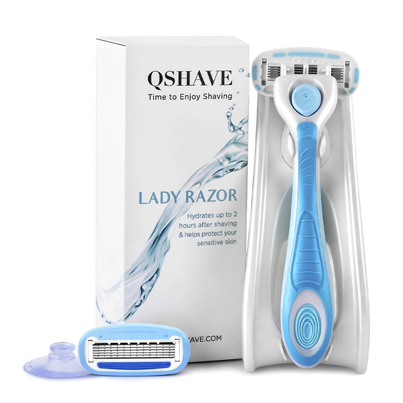 

QSHAVE IT Lady Shaving 5-Blade Razor Women Bikini Hair Removal Blade Epilator Made in USA, Razor + 2 Cartridges + Holder + Stick