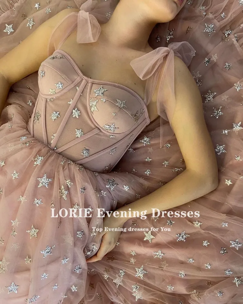 LORIE Glitter Shiny Stars Dusty Pink Prom Dresses Spaghetti Strap a-line abito da sera arabo Tulle Celebrity Party Dress