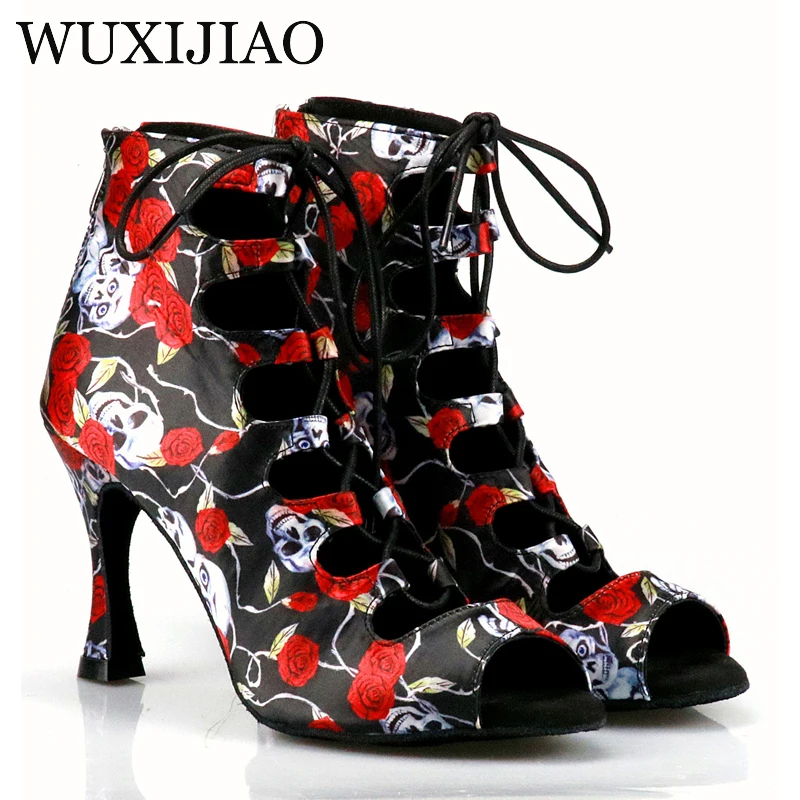 WUXIJIAO-zapatos de baile de salón profesionales para mujer, calzado de baile latino con tacón de 9cm, calavera de Halloween y Salsa