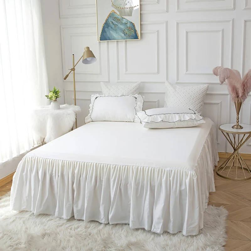 White Double Layer Ruffles Duvet Cover Set 100% Cotton Luxury Princess Bedding Set Bed Skirt Bedspread Pillowcases Solid Color