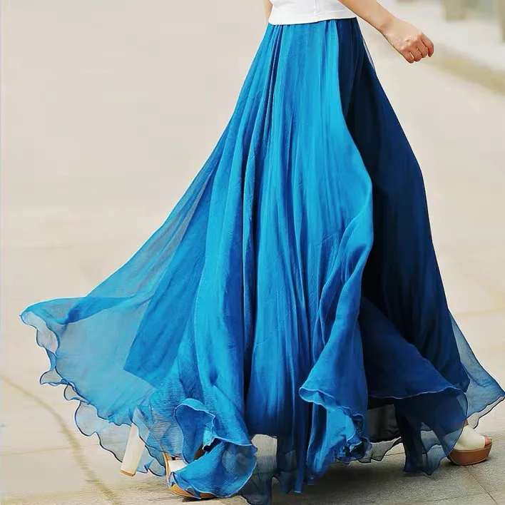 Frauen Boho Chiffon lange Maxi röcke großen Saum Regenschirm schlanke Rüschen Falten rock Strand urlaub boden langes Sommerkleid Faldas Saia