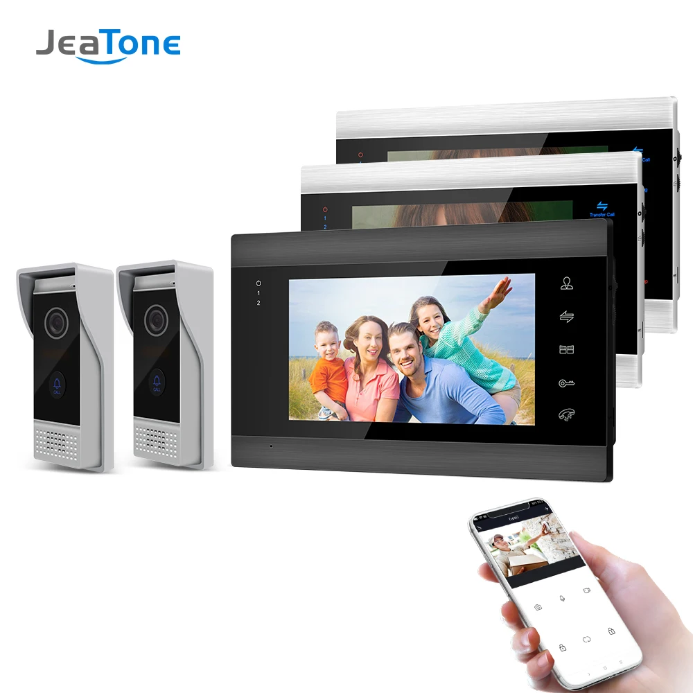 Jeatone 7 Inch Wireless Wifi Smart IP Video Door Phone Intercom System with 3 Night Vision Monitor 2 Rainproof Doorbell Camera