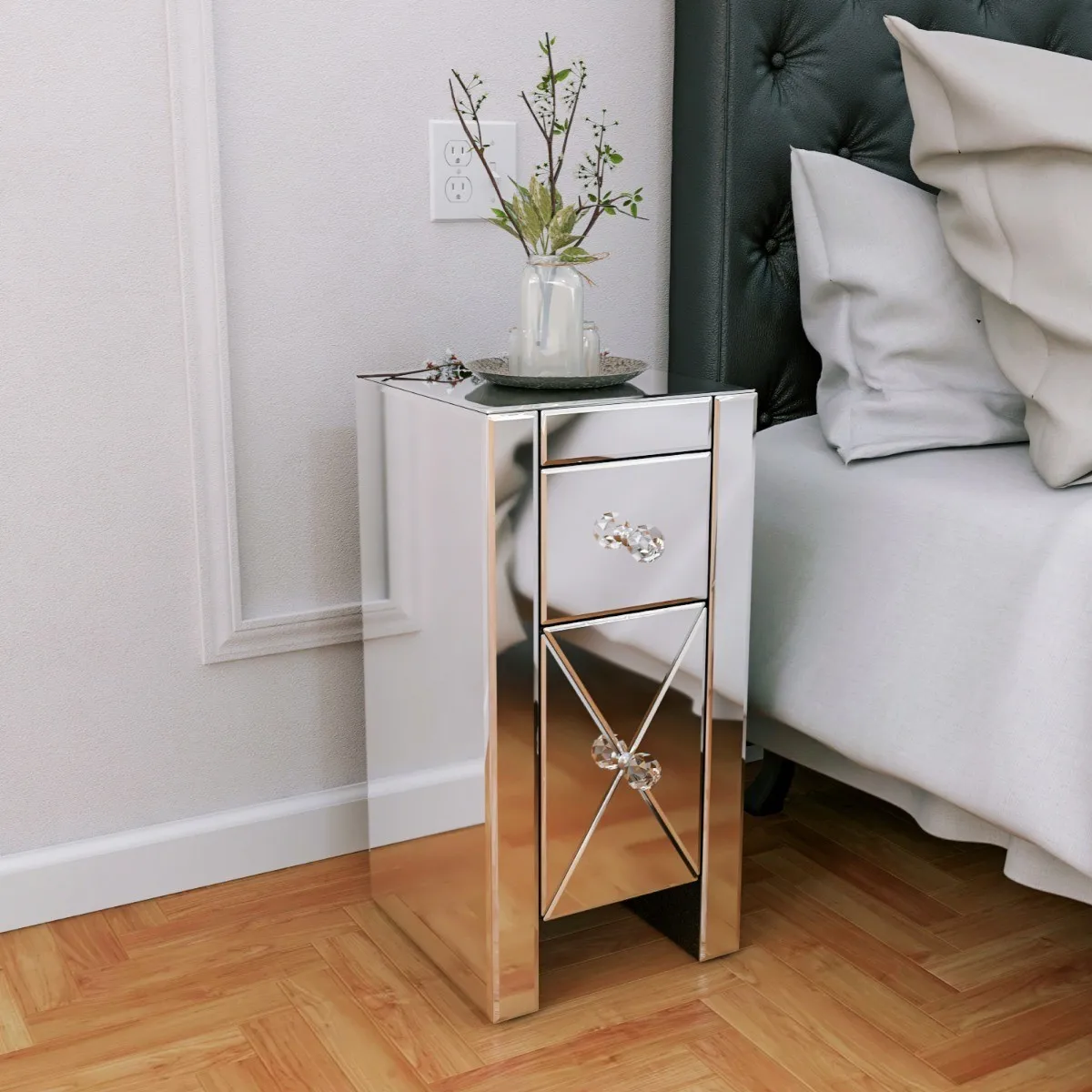 Mirror Bedside Table 1 Big 1 Small 2-Drawer Nightstand 30x30x60CM Bedside Cabinet Silver[US-Stock]