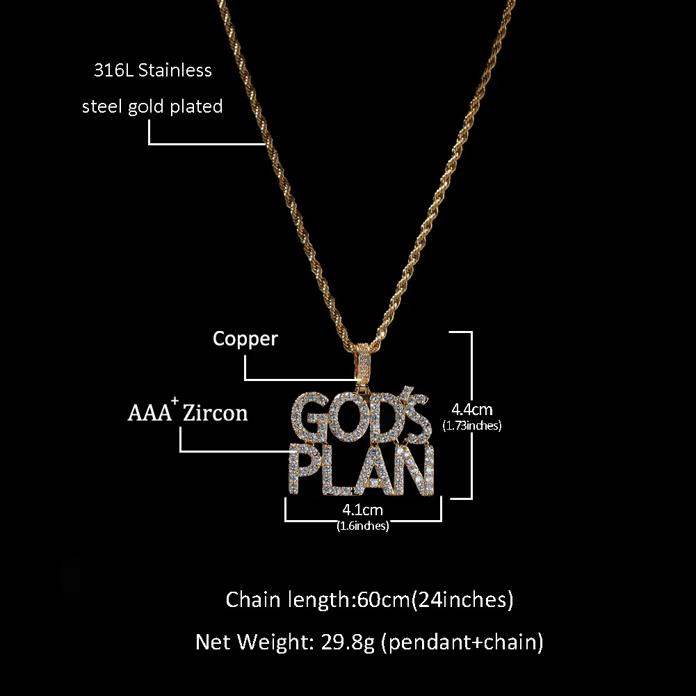 God'S Plan Letter Combination Bling Bling Pendant&Necklace Mirco Pave Prong Setting for Men Hip Hop Jewelry BP011