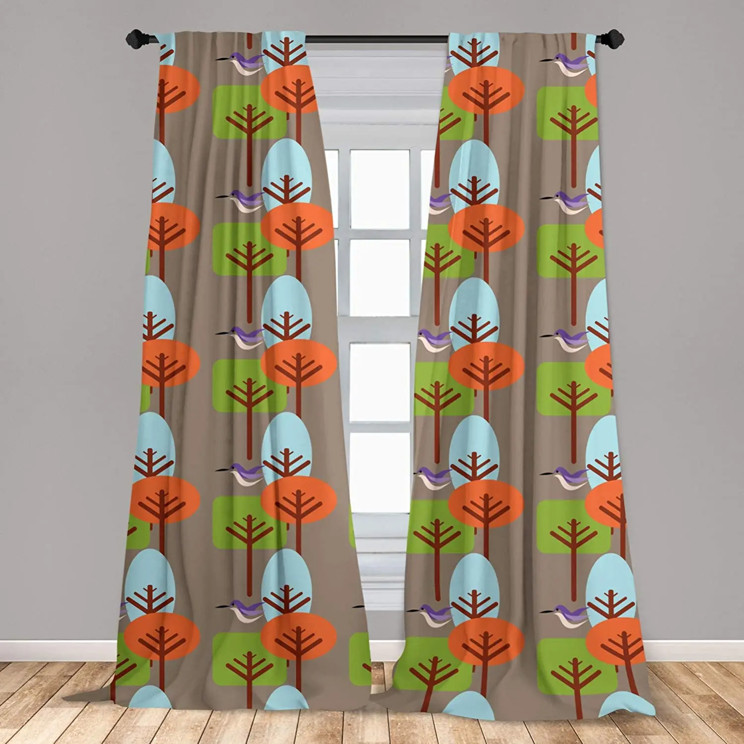 Mid Century Curtains Flying Hummingbird and Colorful Trees Simple Nature Modernist Art Approach Window Drapes for Living Room