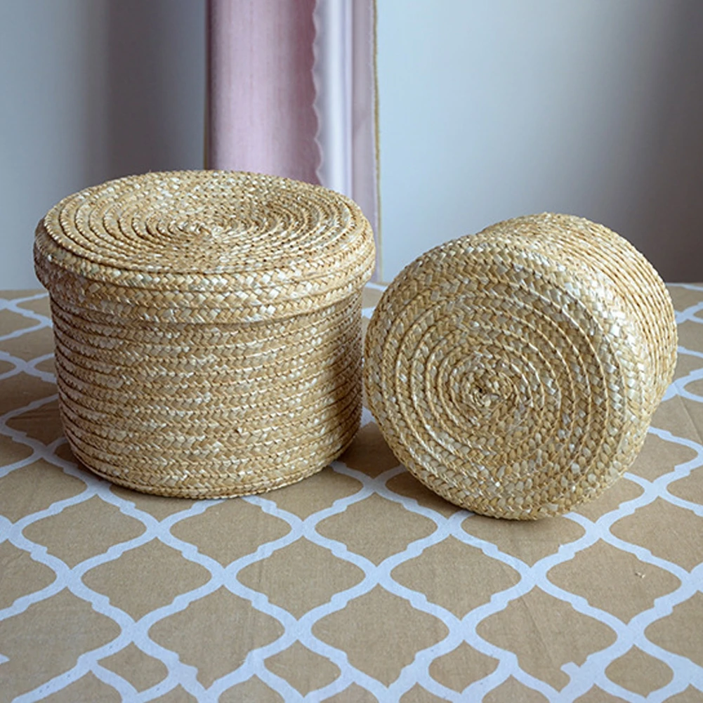 Handmade Straw Woven Storage Basket With Lid Desktop Organizer Snack Storage Box Laundry Baskets Rattan Storage Flower Basket