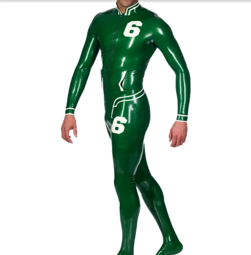 Fetish 100%Gummi Latex Green &WhiteCatsuit Party Anzug Suit Tight 0.4mm Zipper S-XXL