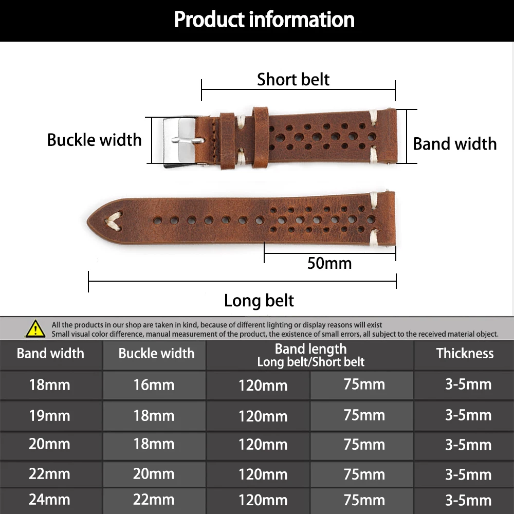 New Design Oil Wax Cow Leather Watch band 18mm 20mm 22mm 24mm Vintage Porous Watch Strap Handmade Watch Accessories