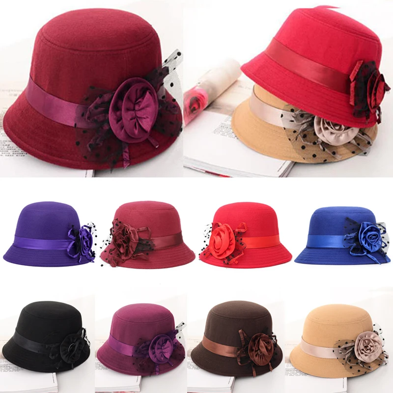 Fall Winter Cloche Bucket Floral Cap Elegant Ladies Women Imitation Wool Rose Flower Felt Hat Dome Warm Ladies Bowler