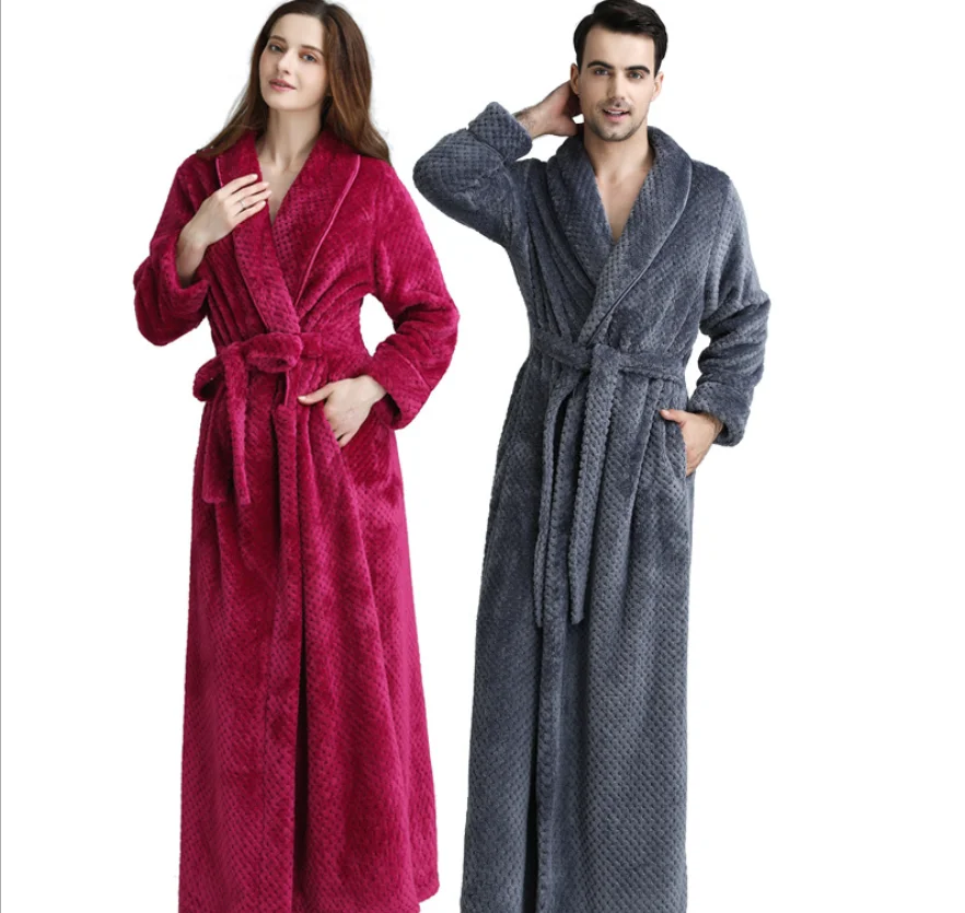 Women Winter Extra Long Hooded Warm Flannel Bathrobe Plus Size Thick Coral Fleece Bath Robe Ankle Length Robes Men Dressing Gown