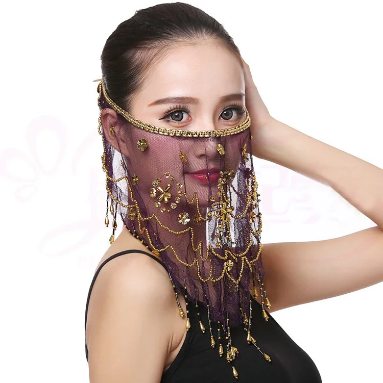 Dance Face Veil Belly Dance Costumes Embroidered Mesh Bellydance Face Veils Plum Veil Indian Dancing Accessory Tribal Props