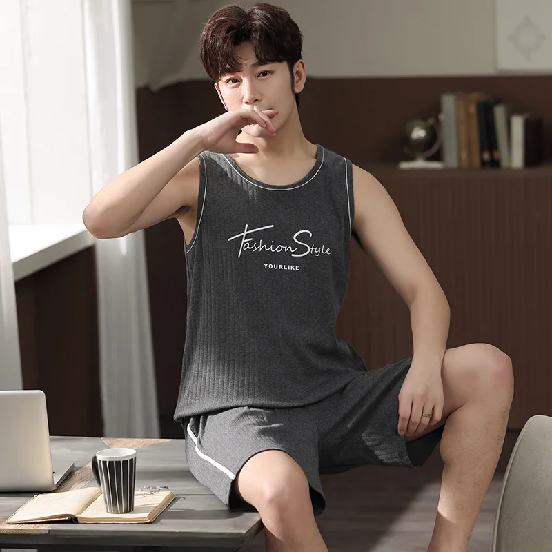 2024 New Style Men\'s Pajamas Set Summer Thin Cotton Male Pajamas Sets Vest Sleepwear Sleeveless Tops + Shorts 2pcs/set L-XXXXL