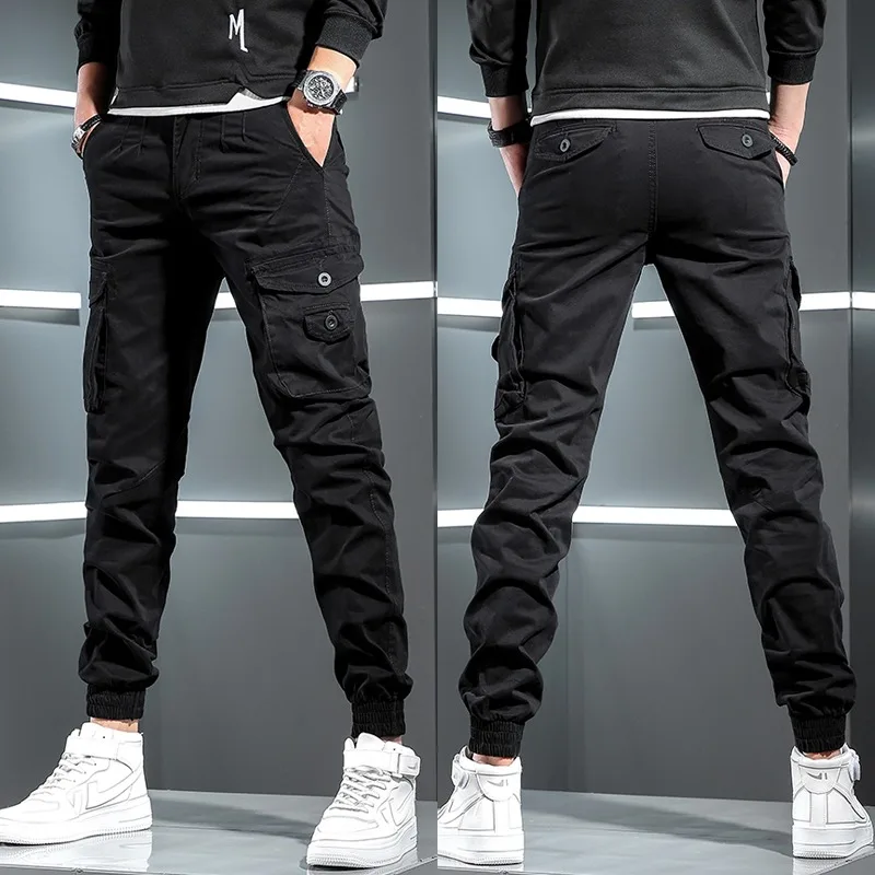 Men Tactical Cargo Pants Streetwear Multi Pocket Hip Hop Joggers Light Gray Cotton Slim Fit Trousers