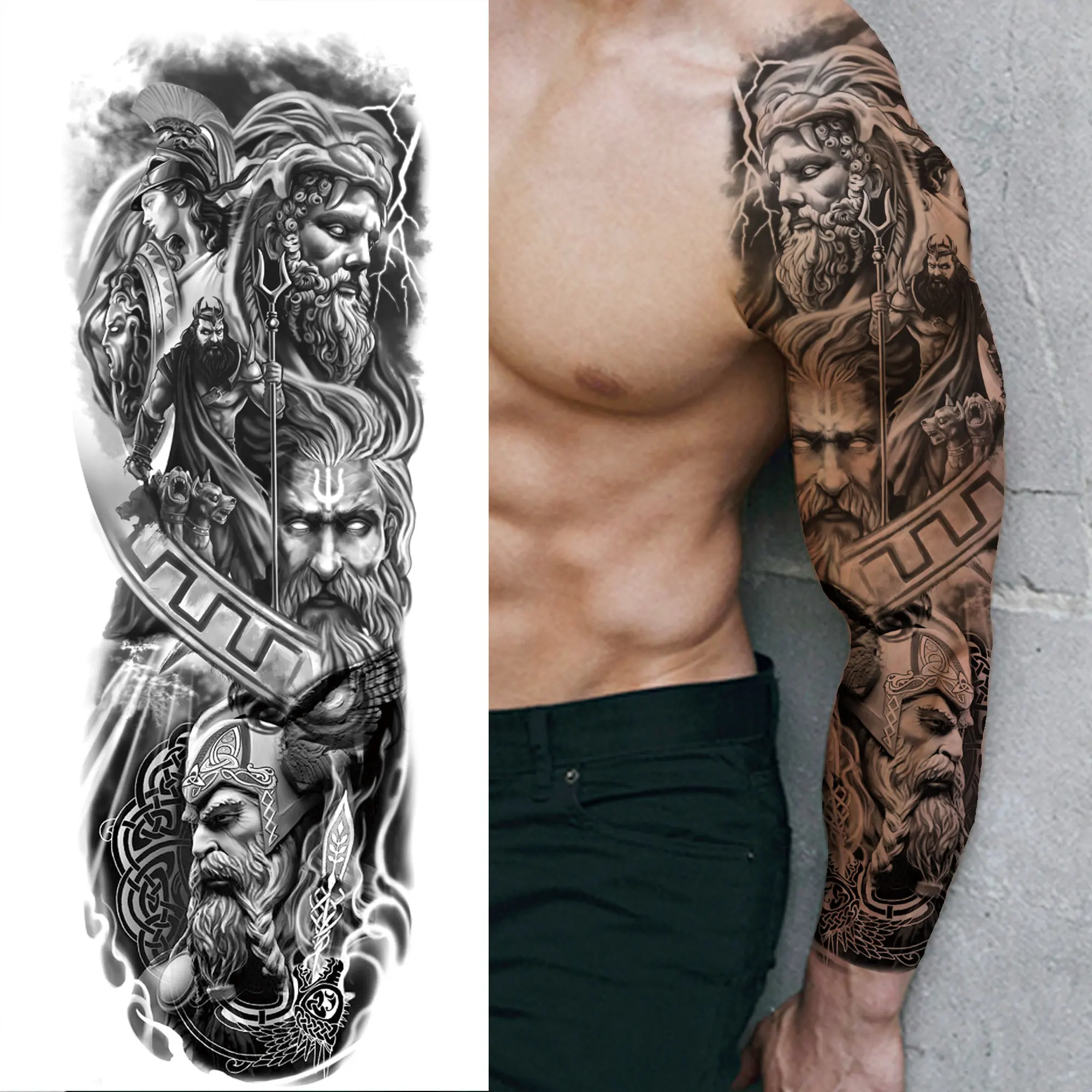 Large Warrior Temporary Tattoo Sleeve For Men Women Geometry Compass Tattoos Sticker Black Tiger Foest Fake Full Arm Tatoo Kids