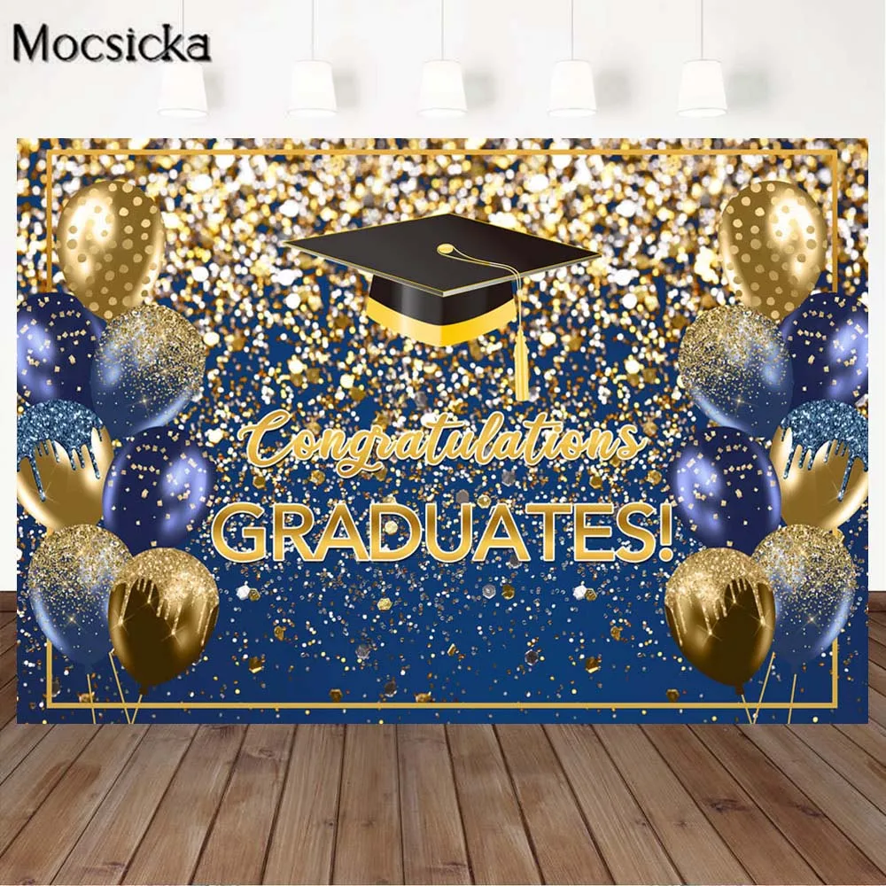 Class of 2022 Graduation Photography Backdrops Congrats Graduate Graduation Party Background Bachelor Cap Glitter Balloons Decor