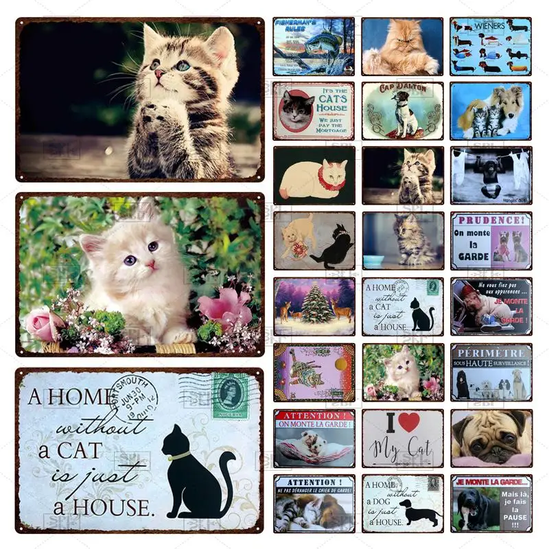 

Cute Cats and Dogs Metal Tin Sign Pet Houses and Pet Shops Iron Painting Retro Shabby Chic Decorative Plaque 20X30Cm