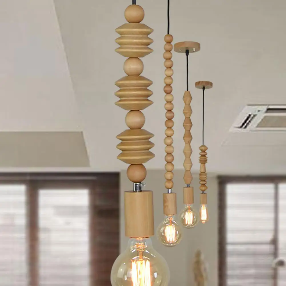 

E27 Modern Pendant Lamp Solid Wood Bead Chain Hanging Cord Light Dining Room Decorative Chandelier Lampshade Hanging Lights